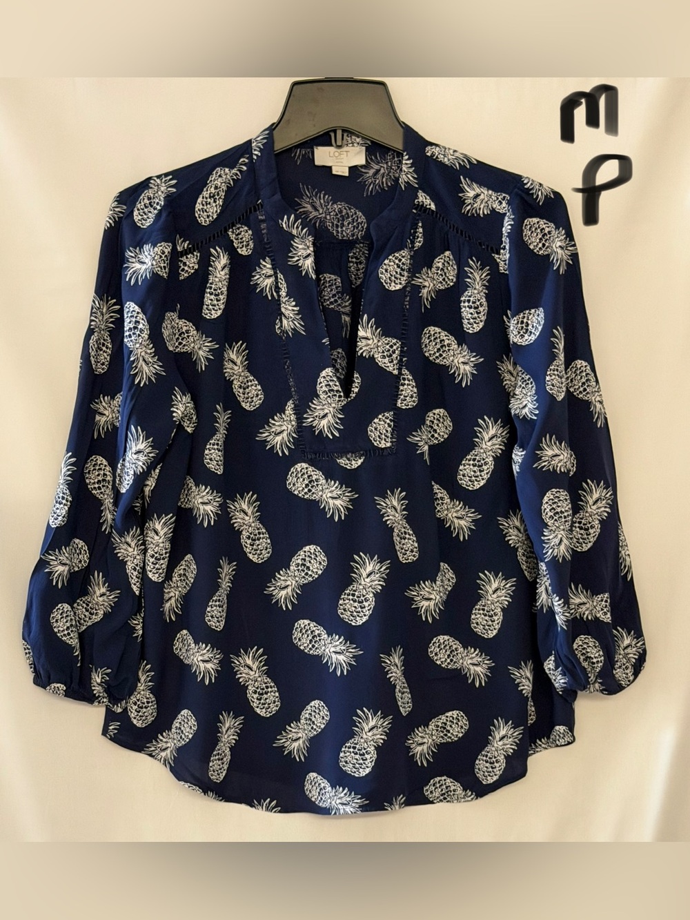 LOFT Navy Pineapple-Print Split V-Neck Blouse